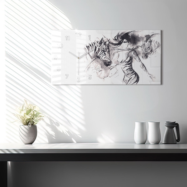 Horizontal wall clock Woman and zebras