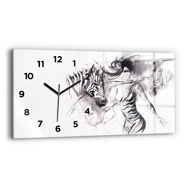 Horizontal wall clock Woman and zebras