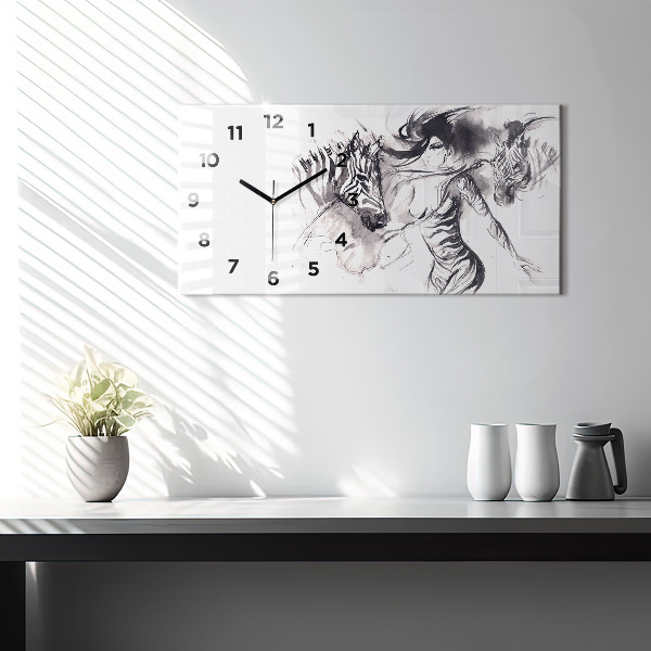 Horizontal wall clock Woman and zebras