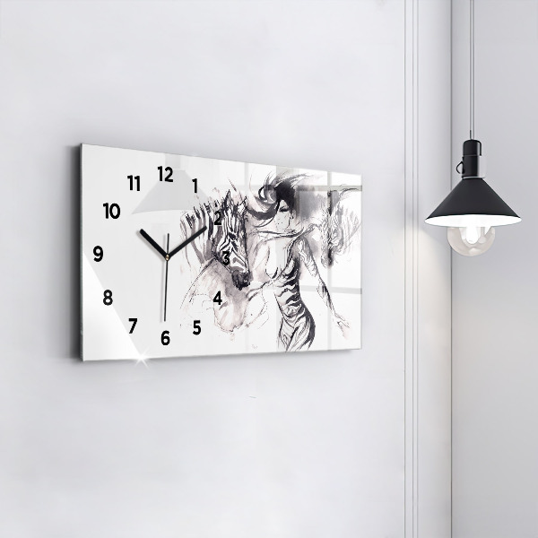 Horizontal wall clock Woman and zebras