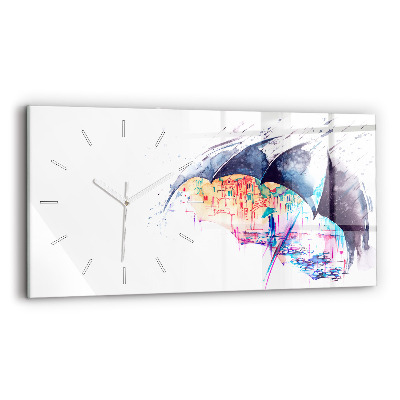 Horizontal wall clock Rain umbrella and city