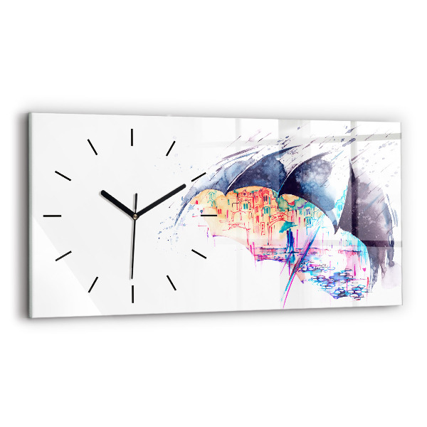 Horizontal wall clock Rain umbrella and city