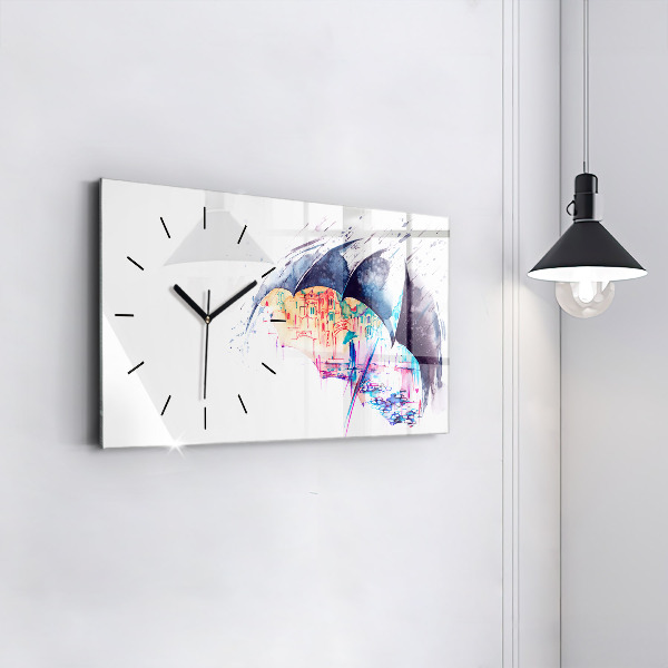 Horizontal wall clock Rain umbrella and city