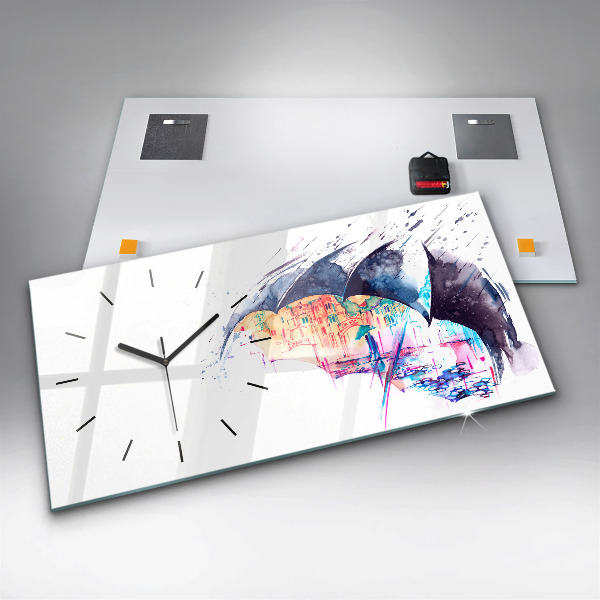 Horizontal wall clock Rain umbrella and city