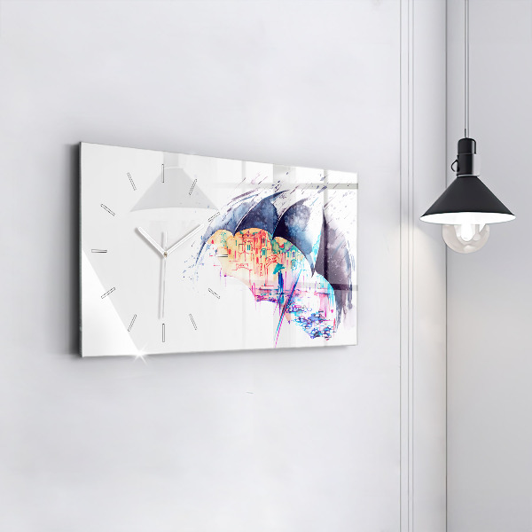Horizontal wall clock Rain umbrella and city