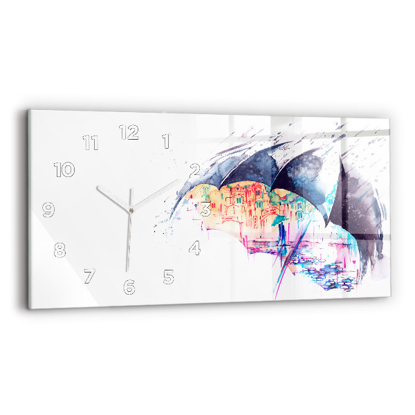 Horizontal wall clock Rain umbrella and city