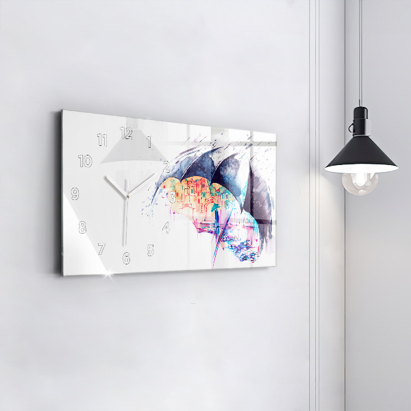 Horizontal wall clock Rain umbrella and city