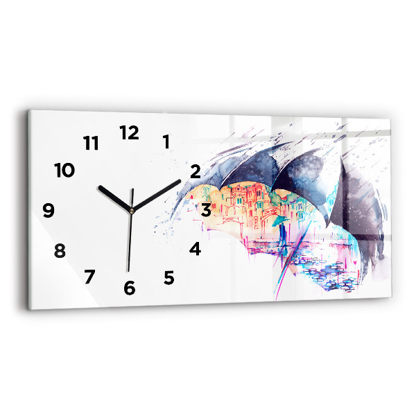 Horizontal wall clock Rain umbrella and city