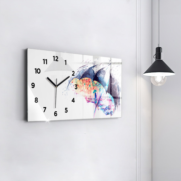 Horizontal wall clock Rain umbrella and city