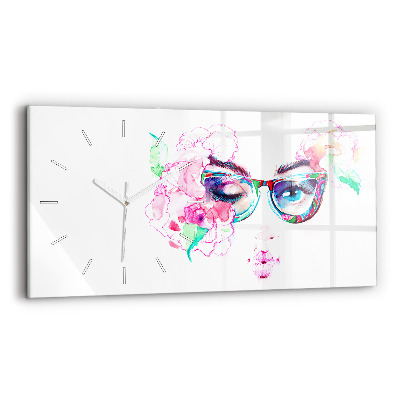 Horizontal wall clock Face of a woman with glasses