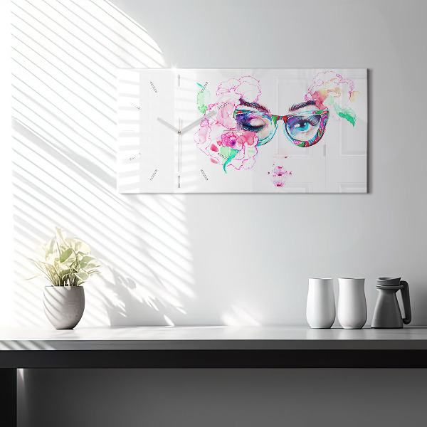 Horizontal wall clock Face of a woman with glasses
