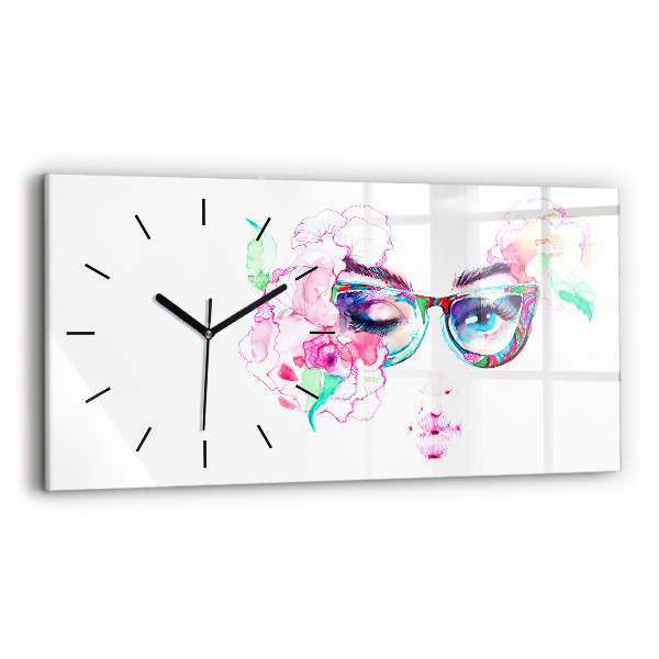 Horizontal wall clock Face of a woman with glasses