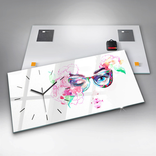 Horizontal wall clock Face of a woman with glasses