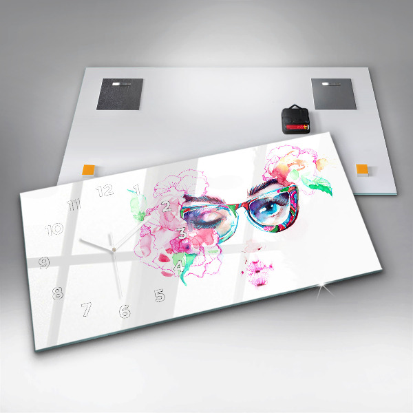 Horizontal wall clock Face of a woman with glasses
