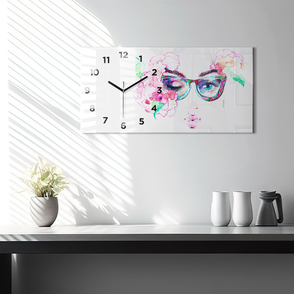 Horizontal wall clock Face of a woman with glasses