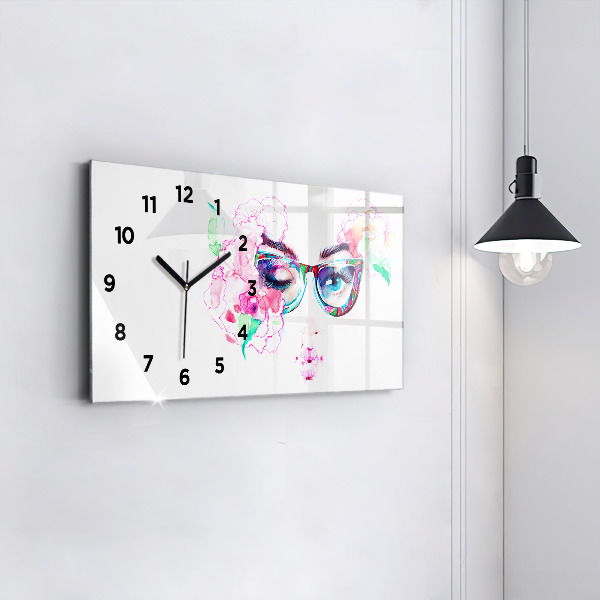 Horizontal wall clock Face of a woman with glasses