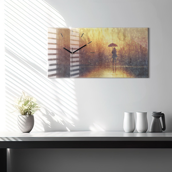 Horizontal wall clock woman with umbrella