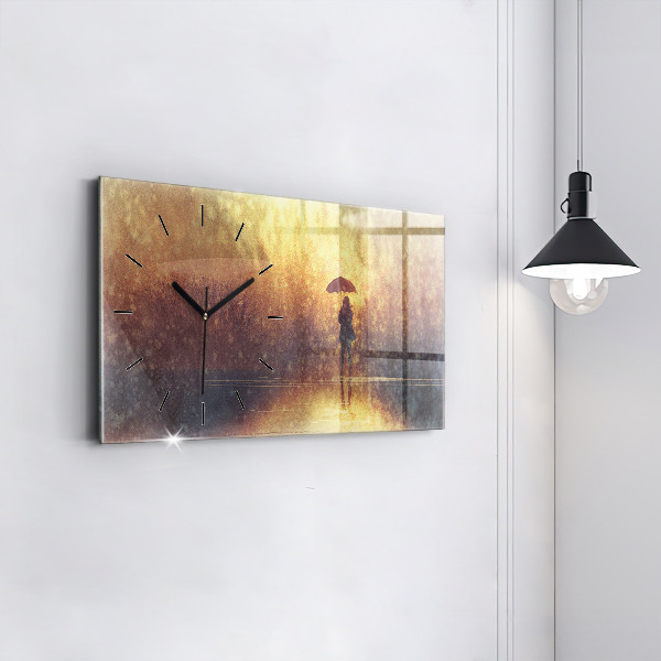 Horizontal wall clock woman with umbrella