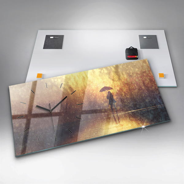 Horizontal wall clock woman with umbrella