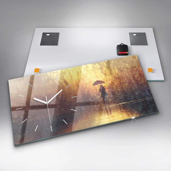Horizontal wall clock woman with umbrella