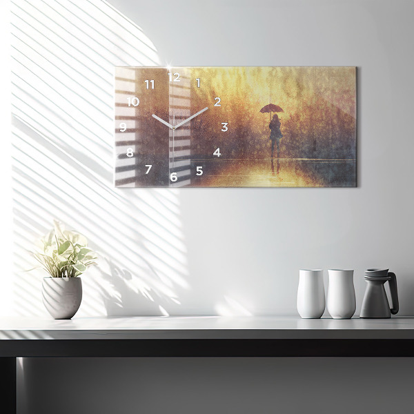 Horizontal wall clock woman with umbrella