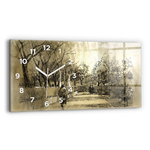 Horizontal wall clock Park and trees in sepia