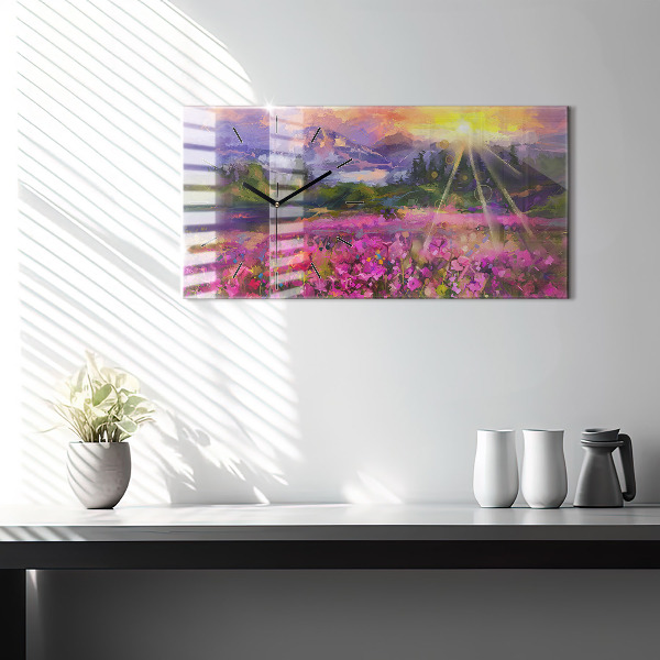 Horizontal wall clock Landscape of nature and flowers