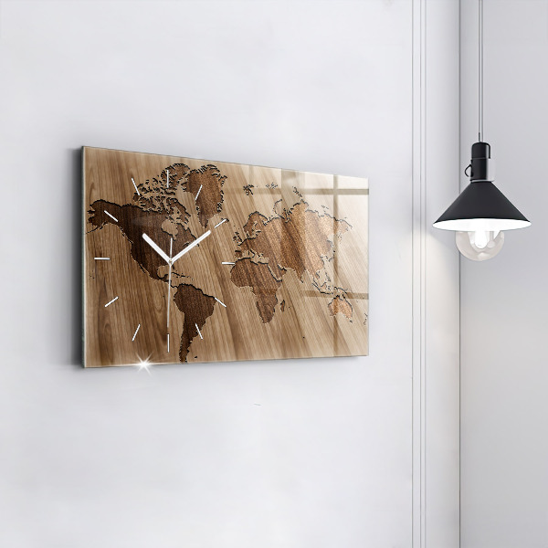 Horizontal wall clock World map on wood