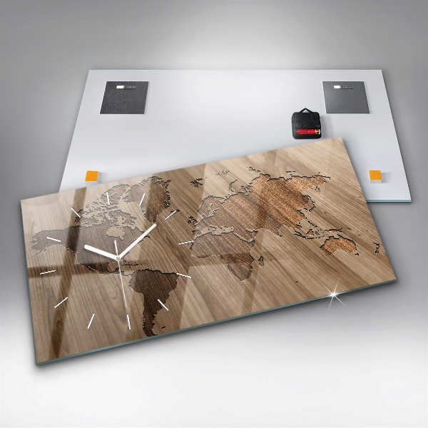 Horizontal wall clock World map on wood