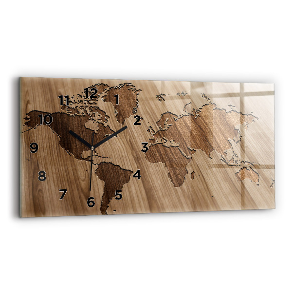 Horizontal wall clock World map on wood