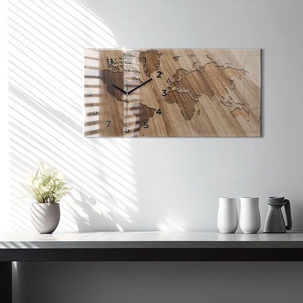 Horizontal wall clock World map on wood