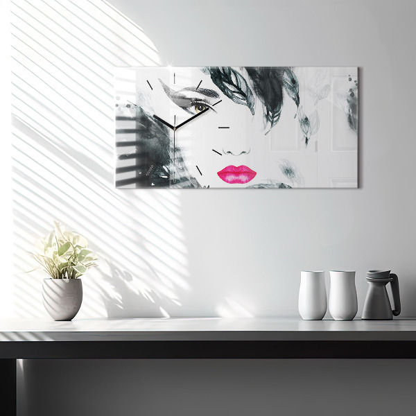 Horizontal wall clock Portrait of a woman red lips