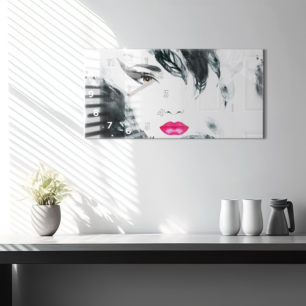 Horizontal wall clock Portrait of a woman red lips