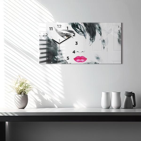Horizontal wall clock Portrait of a woman red lips