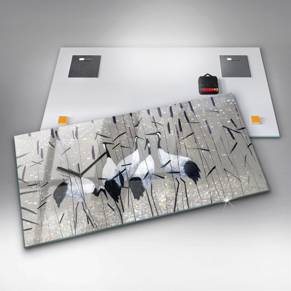 Horizontal wall clock Cranes in the reeds