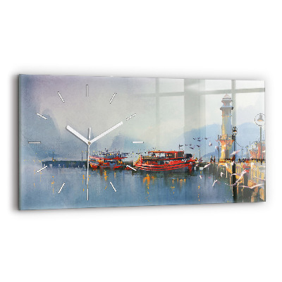Horizontal wall clock Fishing boat in port