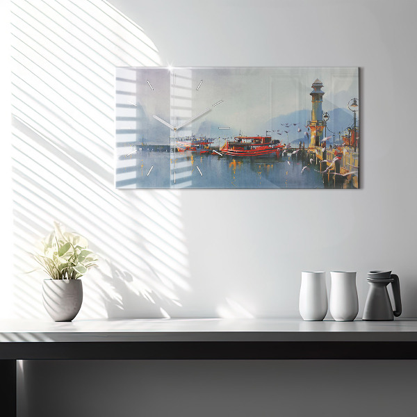 Horizontal wall clock Fishing boat in port