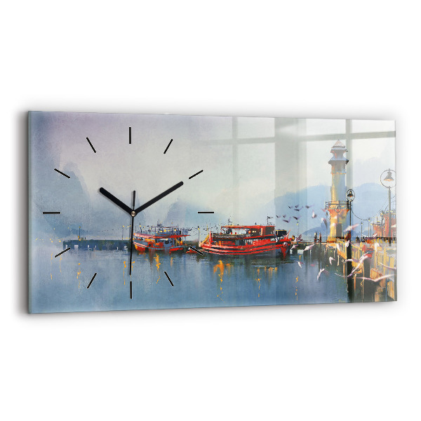 Horizontal wall clock Fishing boat in port