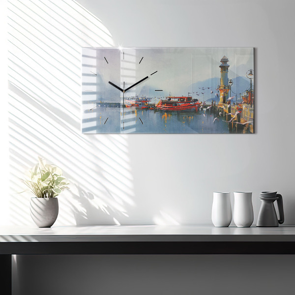 Horizontal wall clock Fishing boat in port