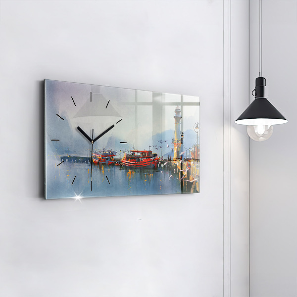 Horizontal wall clock Fishing boat in port