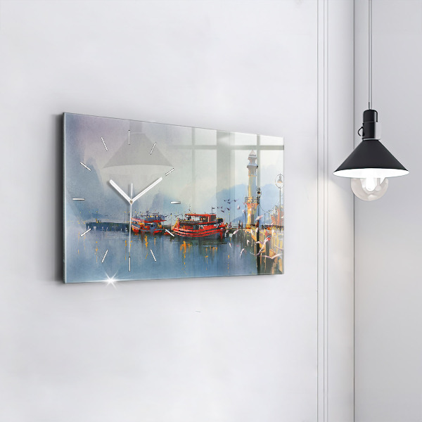 Horizontal wall clock Fishing boat in port