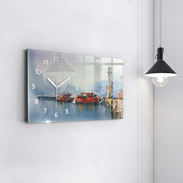 Horizontal wall clock Fishing boat in port