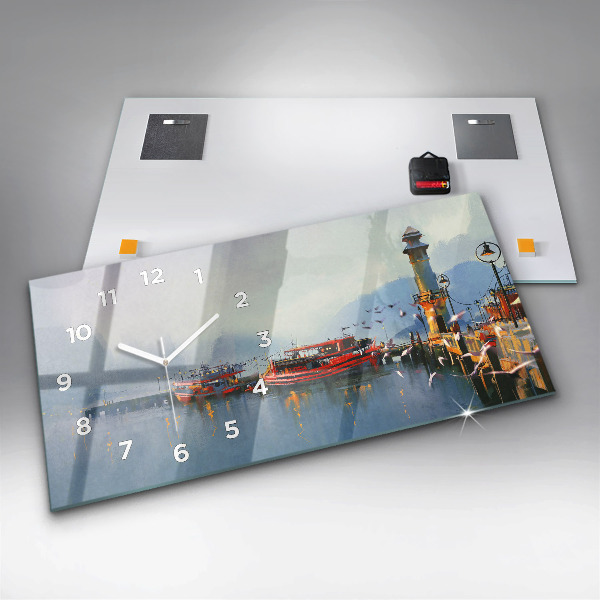 Horizontal wall clock Fishing boat in port