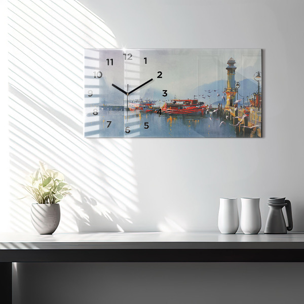 Horizontal wall clock Fishing boat in port