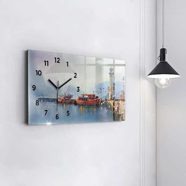 Horizontal wall clock Fishing boat in port