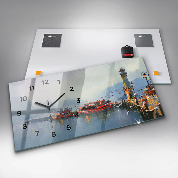 Horizontal wall clock Fishing boat in port