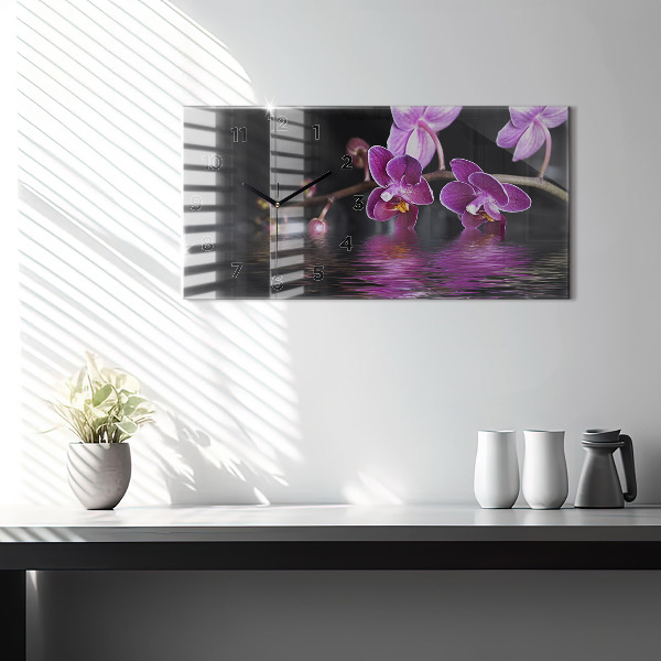 Horizontal wall clock Orchid flower on the water