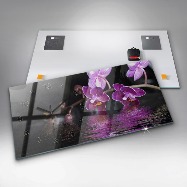 Horizontal wall clock Orchid flower on the water