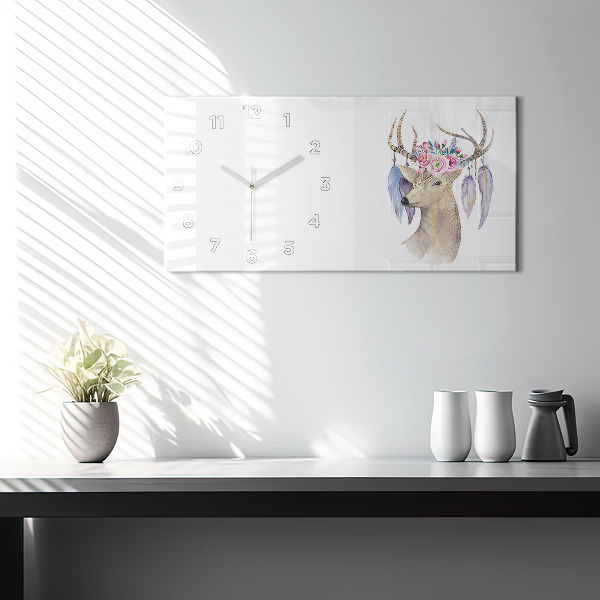 Horizontal wall clock Deer head and flowers