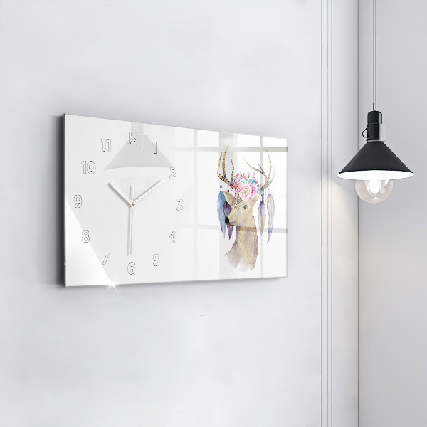 Horizontal wall clock Deer head and flowers